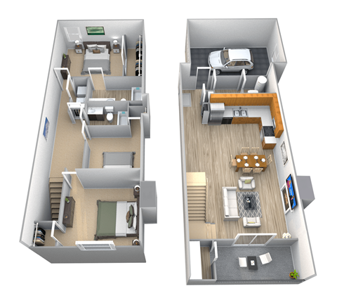 A 3D floor plan of a two-bedroom apartment with a living room, kitchen, and bathroom.